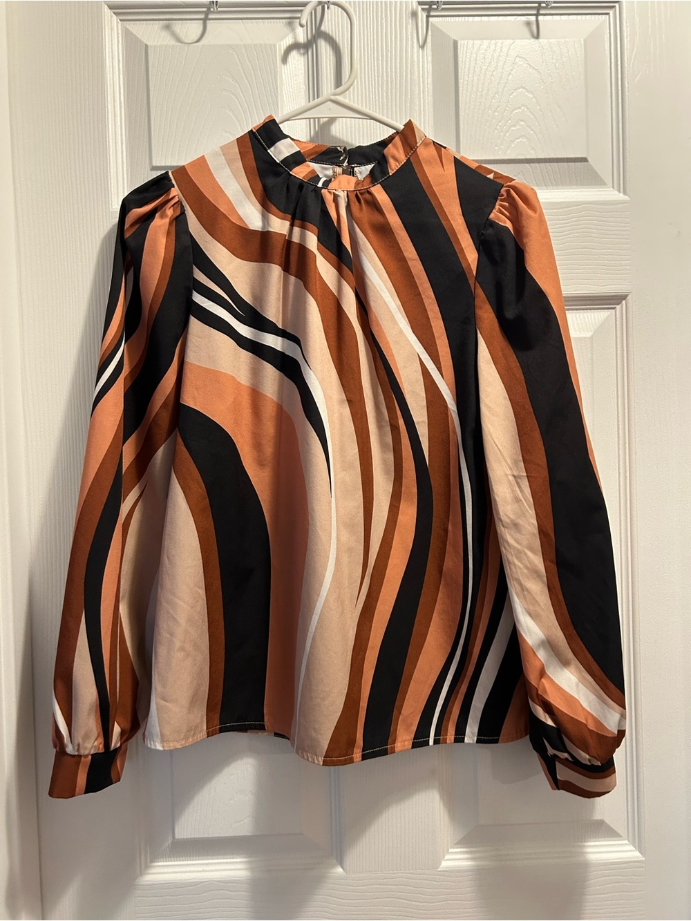 SHEIN Wave-Stripe Long Sleeve Blouse - Rust, Black, Cream - Picture 1 of 2